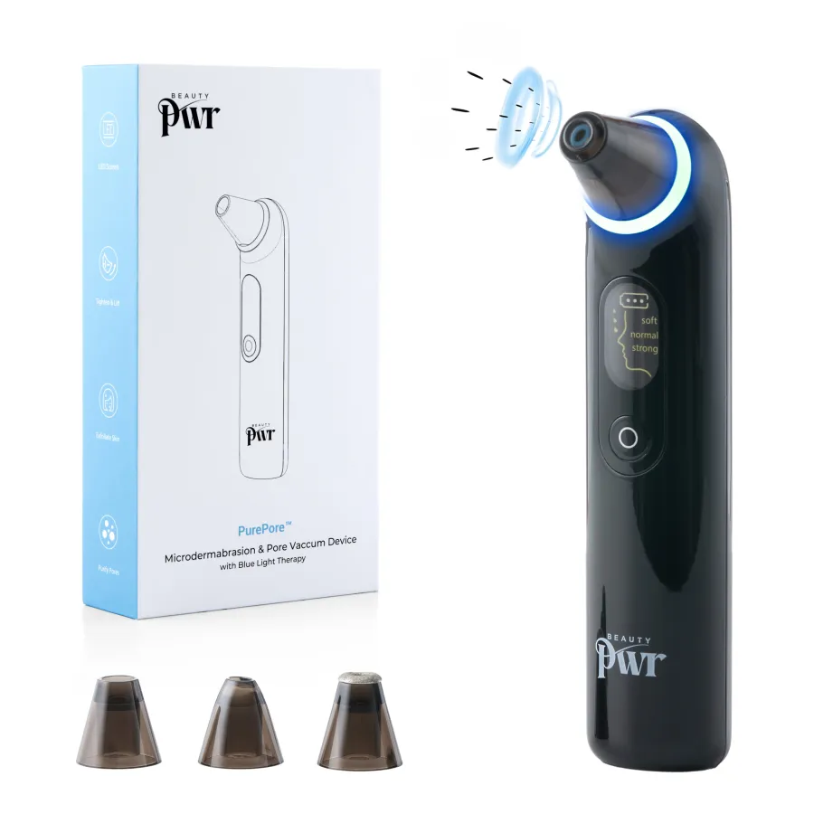 BeautyPWR PurePore Microdermabrasion med förpackning och tre sughuvuden