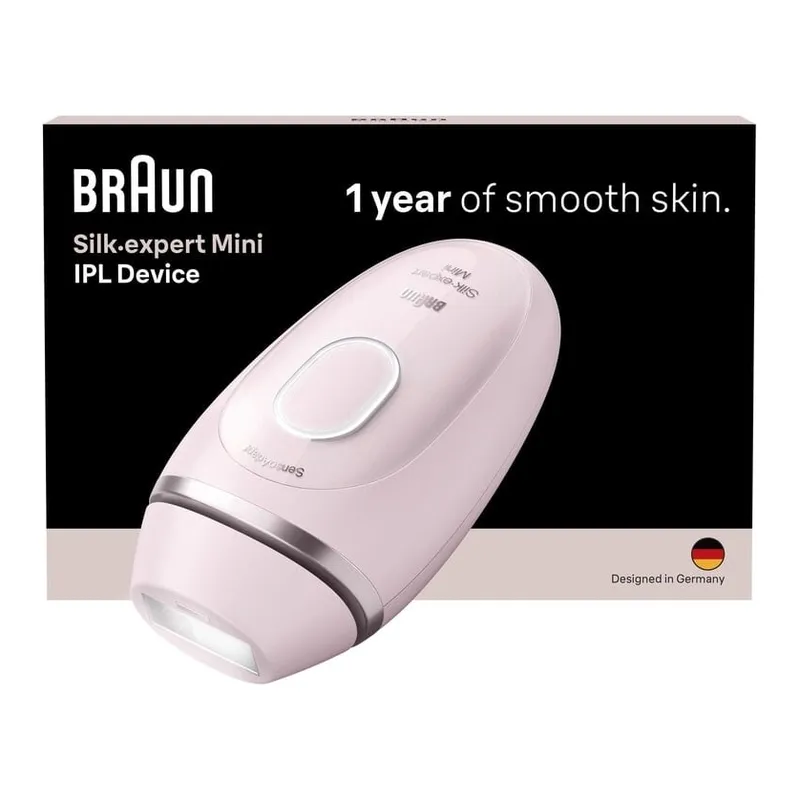 Braun Silk·expert Mini IPL-apparat i rosa framför sin förpackning