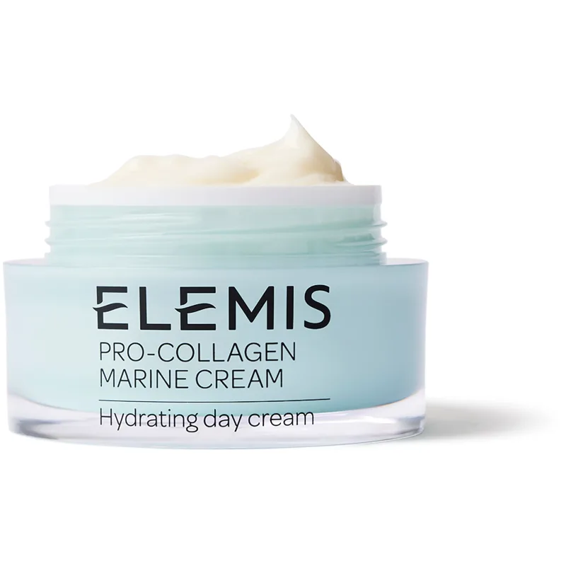 Ljusturkos burk Elemis Pro-Collagen Marine Cream med öppet lock och vit gelkräm