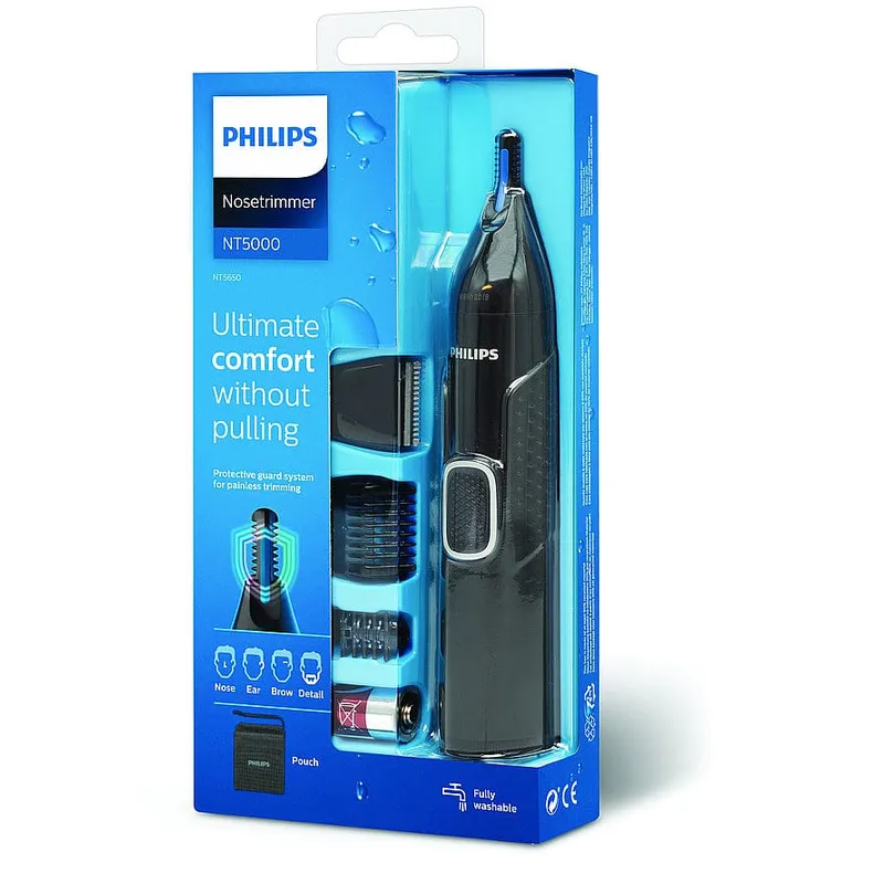 Philips Nose & Ear Trimmer Series 5000 NT5650 i förpackning med detaljhuvud, kammar och AA-batteri