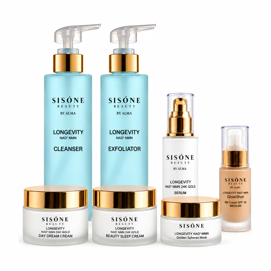 Hudvårdsserie med NAD+ och NMN: rengöring, exfoliator, serum, krämer, mask och BB-kräm